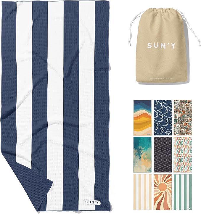SUN'Y Waffle Microfiber Beach Towel – Sand Free, Quick Dry, Ultra Absorbent, Lightweight & Compact Travel Towel with Carry Bag - Large (63” x 31.5”), Nautical Navy