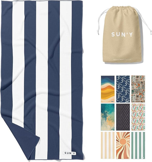 SUN'Y Waffle Microfiber Beach Towel – Sand Free, Quick Dry, Ultra Absorbent, Lightweight & Compact Travel Towel with Carry Bag - Large (63” x 31.5”), Nautical Navy