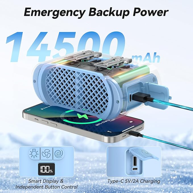 AMACOOL 14500mAh Portable Waist Fan, Strong Wind Power for Full Body Cooling Shirt Fan, 5 Speed Wearable Belt Clip on Fans, Battery Operated Personal Neck Fans for Outdoor Work Camping Travel