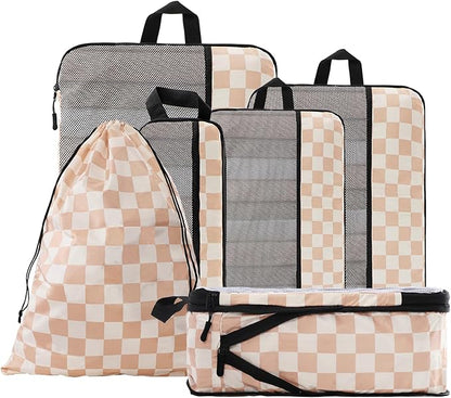 U+U 6 Set Compression Packing Cubes - Ultralight Travel Organizers with Laundry Bag, Space-Saving Suitcase Organizer for Travel, Business Trip and Family Vacation (Khaki Checkered)