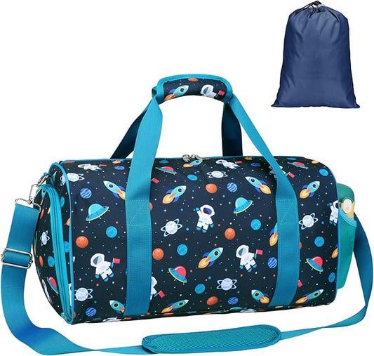 Bagseri Sports Bag for Boys - Waterproof Kids Gym Bag for Travel Sleepover Overnight Duffle Bag with Shoe Compartment and Dry Wet Separation Pockets (Blue Space Astronaut)