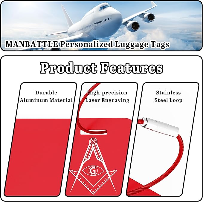 4 PCS Personalized Luggage Tags for Suitcases, Custom Aluminum Luggage Tags for Bags and Backpacks, Waterproof & Heavy Duty Personalized Metal Name Tags for Travel (Red)