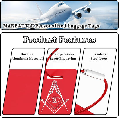 4 PCS Personalized Luggage Tags for Suitcases, Custom Aluminum Luggage Tags for Bags and Backpacks, Waterproof & Heavy Duty Personalized Metal Name Tags for Travel (Red)