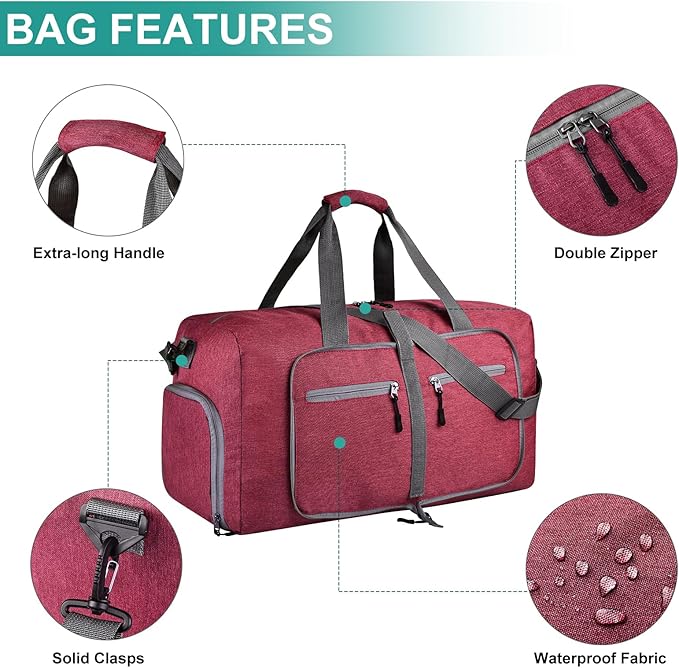 Dimayar 65L Travel Duffle Bag for Men Women - Foldable Duffel Bag with Shoes Compartment - Overnight Bags Waterproof & Tear Resistant(Red)