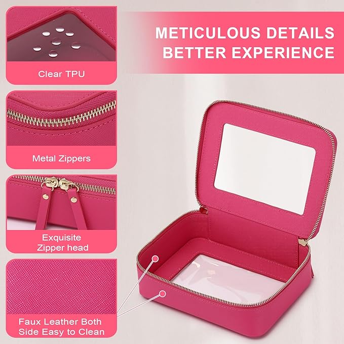 Pinkmik Clear Makeup Bag for Women Waterproof Travel Cosmetics and Toiletries Case Portable Makeup Oaganizer Bag Clear Car Bag with Zipper (X/Fuxia, M)