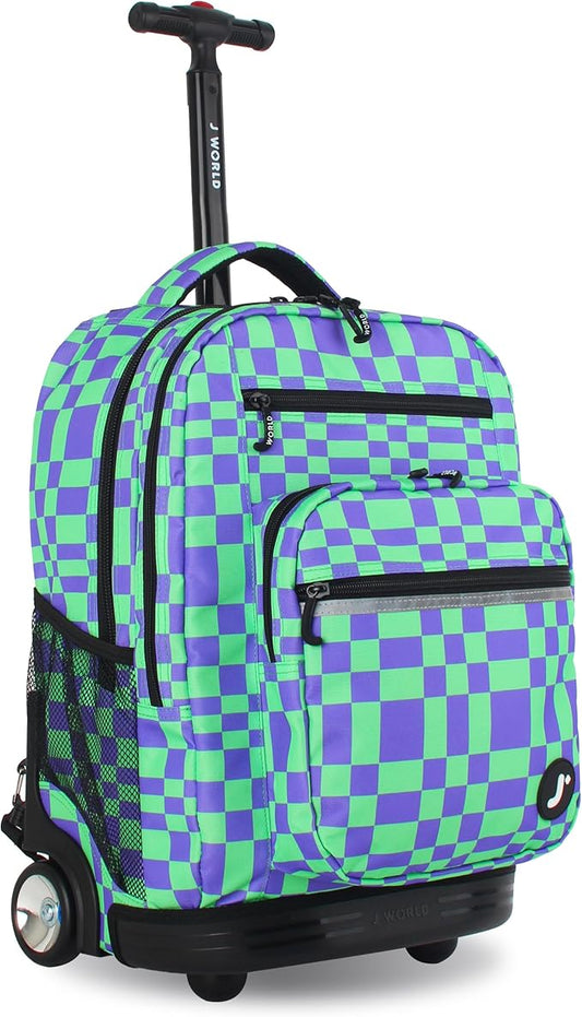 J World Sundance Laptop Rolling Backpack for Girls Boys. Roller Bookbag with Wheels, Pixel Checkers