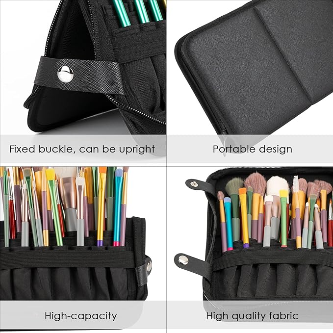 Makeup Brush Organizer Bag Standing Makeup Brushes Holder Travel Case, Professional Portable Cosmetic Storage Bag Foldable Makeup Brush Wrap Case for Men Women Artist Gift (Black)