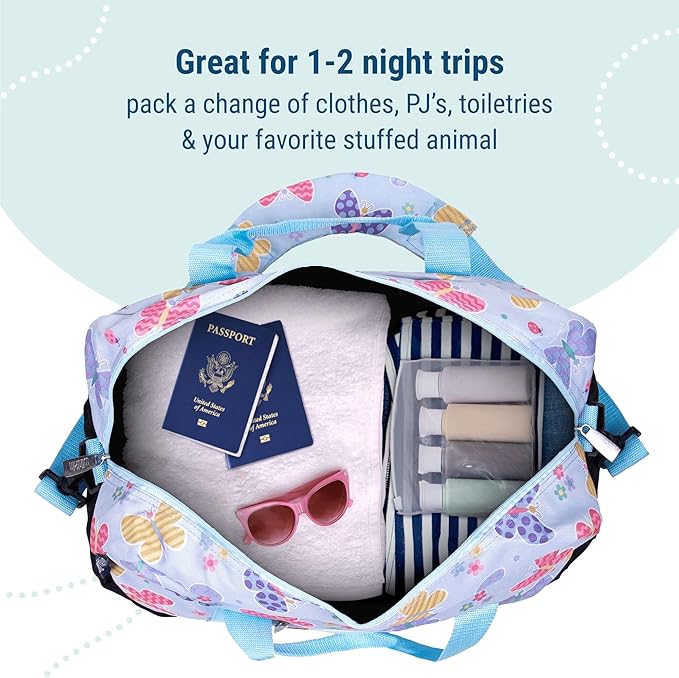 Wildkin Kids Overnighter Duffel Bag – Carry-On Size, Ideal for School & Sleepovers – Butterfly Garden