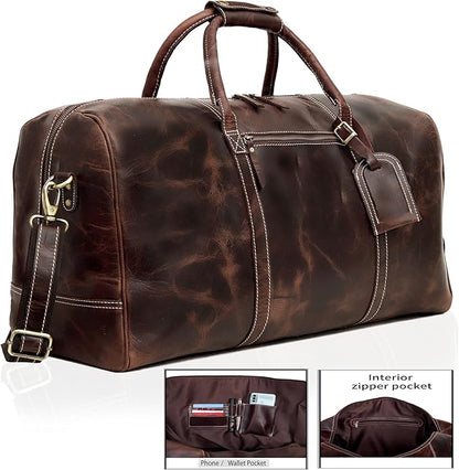 21 Inch Genuine Buffalo Leather Travel Duffle Bag | Overnight Weekend Leather Bag | Sports Gym Duffel for Men| Airplane Under Seat Carry on Bags (brown)
