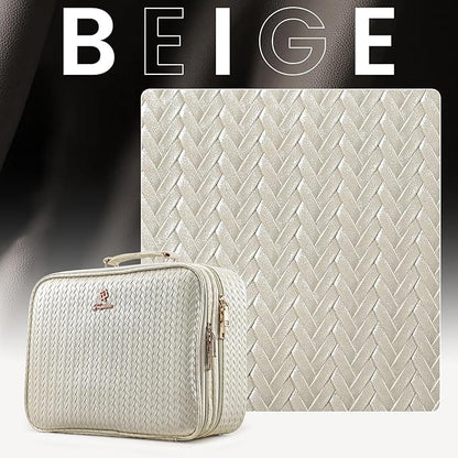 Makeup Bag with LED Lighted Mirror 12.2 IN Travel Double Layer Makeup Case Adjustable Brightness in 3 Colors Cosmetic Organizer Artist Storage with Dividers Brush Holder Vanity Beige