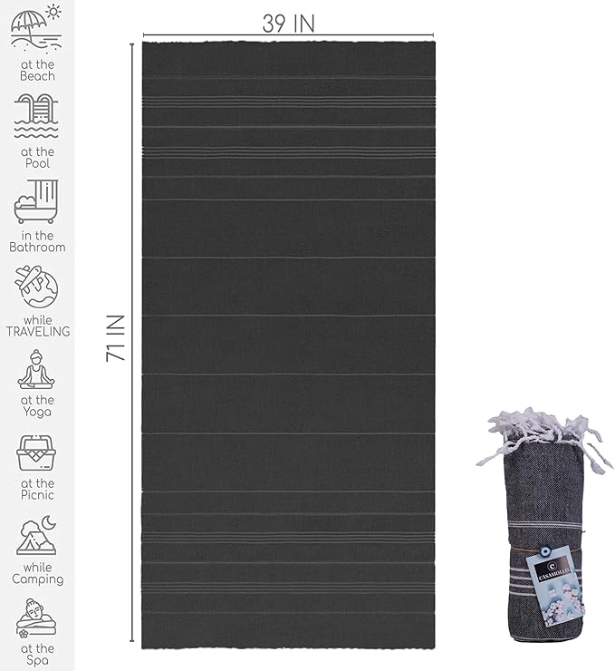 Turkish Beach Towel, Prewashed, 100% Cotton, Soft, Absorbent, Quick Dry, Sand Free Large Oversize Beach Towels for Bathroom Camping Yoga Gym Pool Travel Size 39x71 Inches (Black)