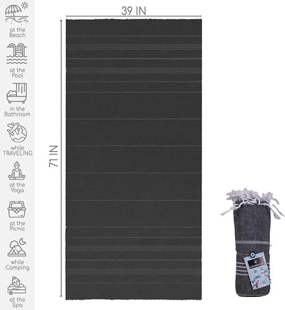Turkish Beach Towel, Prewashed, 100% Cotton, Soft, Absorbent, Quick Dry, Sand Free Large Oversize Beach Towels for Bathroom Camping Yoga Gym Pool Travel Size 39x71 Inches (Black)