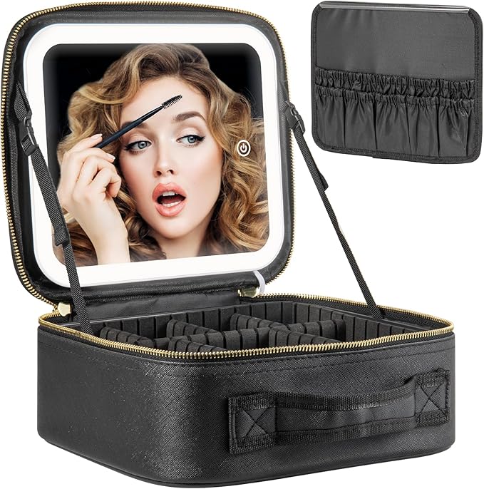 Makeup Travel Train Case with Mirror LED Light 3 Adjustable Brightness Large Cosmetic Bag Portable Storage Adjustable Partition Waterproof Makeup Brushes Make up Jewelry Gift for Women