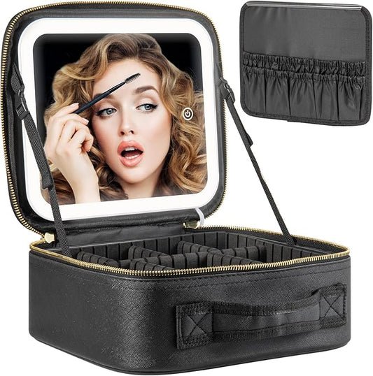 Makeup Travel Train Case with Mirror LED Light 3 Adjustable Brightness Large Cosmetic Bag Portable Storage Adjustable Partition Waterproof Makeup Brushes Make up Jewelry Gift for Women