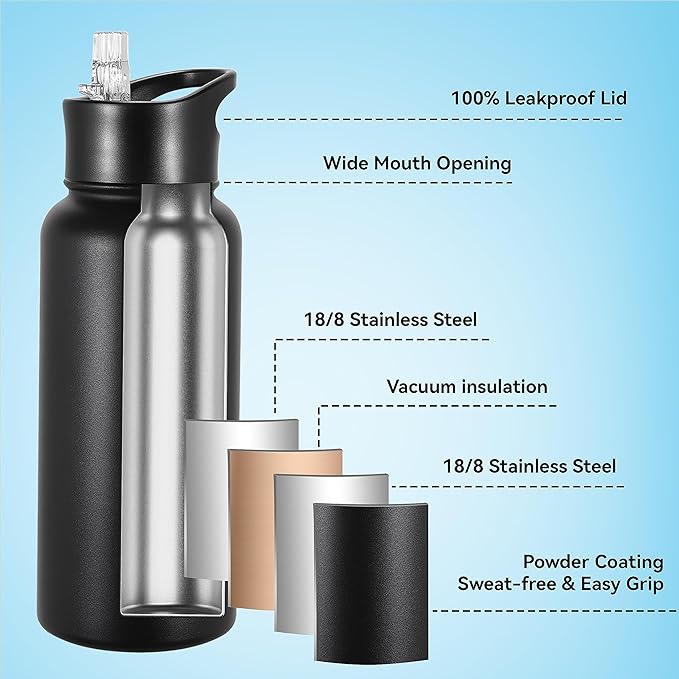 VEGOND 32 oz Insulated Water Bottle Stainless Steel Metal Water Bottles with Leak Proof Straw Lid & Spout Lid, Wide Mouth Double Walled Vacuum Travel Sports Bottle, Black