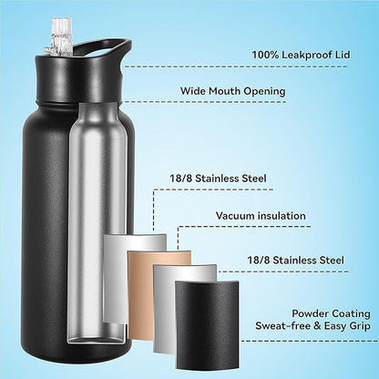 VEGOND 32 oz Insulated Water Bottle Stainless Steel Metal Water Bottles with Leak Proof Straw Lid & Spout Lid, Wide Mouth Double Walled Vacuum Travel Sports Bottle, Black