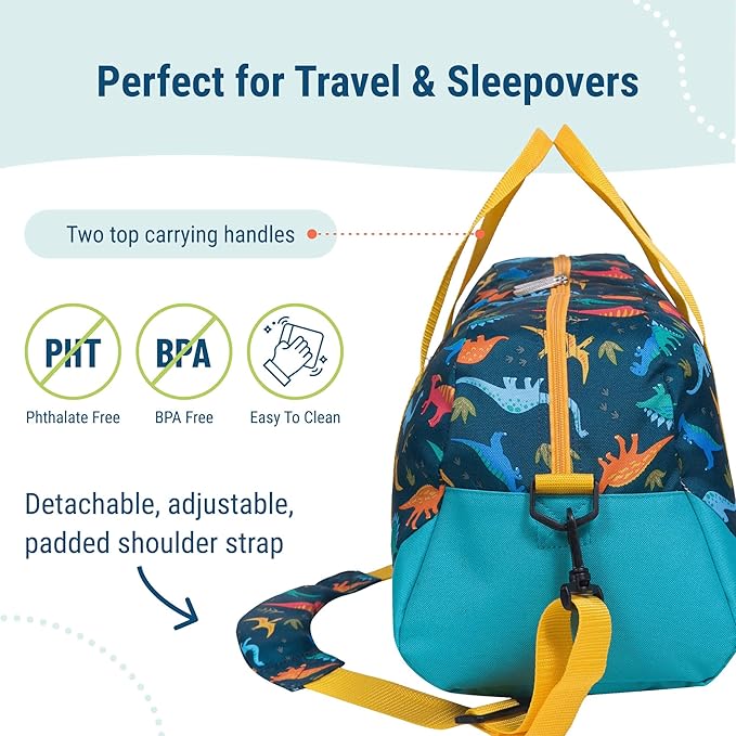 Wildkin Kids Overnighter Duffel Bag – Carry-On Size, Ideal for School & Sleepovers – Jurassic Dinosaurs