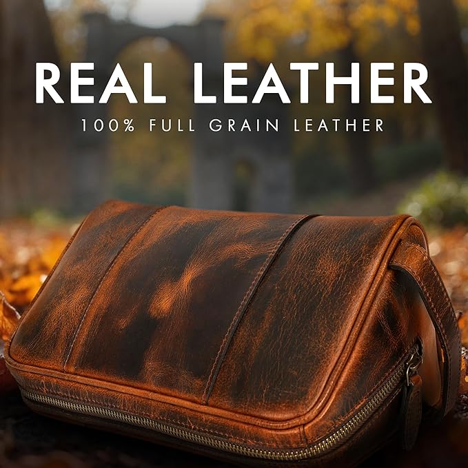 ELIZO Premium REAL Leather Toiletry Bag for Men Dopp Kitt Hanging Mens Toiletry Large TSA Toiletries Bag Shaving Grooming Bag Organizer