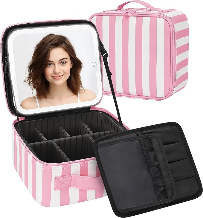 TANTO Makeup Bag With LED Mirror, Travel Makeup Case with Light up Mirror Large Cosmetic Case with 3 Color Lighted Portable Organizer Bag with Adjustable Dividers (Pink/White Stripes, Small)