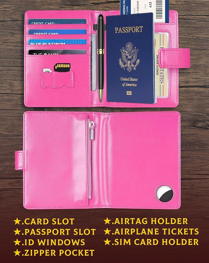 Passport Holder Wallet Cover Case for Women and Men,RFID Blocking,Passport Case with AirTag Holder,Travel Accessories (Pink)