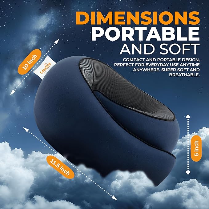 EdgeVoy™ Travel Neck Pillow, Memory Foam Travel Pillow for Airplanes, 360º Ergonomic Design, Asymmetrical Sides, Washable Modal Cover, Ideal for Travel, Car Rides, & Home Use (Navy Blue)