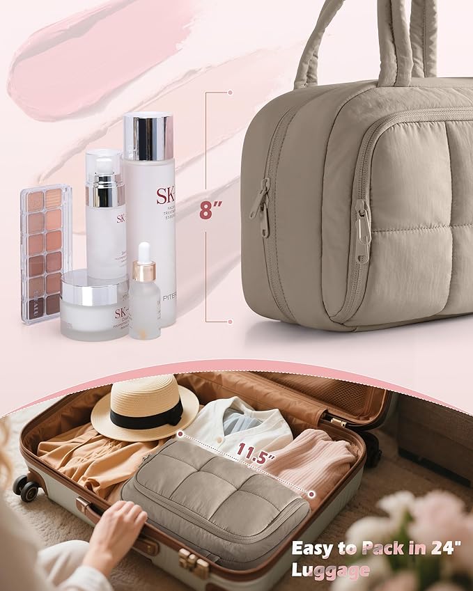 Travel Toiletry Bag for Women with Hanging Hook, Water Resistant Puffy Makeup Organizer with Leak Proof Pockets for Toiletries and Cosmetics - Khaki (Bag Only)