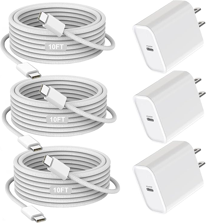iPhone 17/16/15 Charger Fast Charging 3Pack 40W USB C Charger Fast Charging Block with 10FT USB C Cable for iPhone 17/17 Pro/17 Pro Max/17 Air/16/16 Plus/16 Pro/16e/16 Pro Max/15/15 Pro Max/iPad Pro