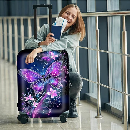 Suitcase Cover for Luggage 29-32 Inch, Washable Elastic Anti-Scratch Luggage Protector, Durable Zipper Baggage Cover with Handle Wrap, Travel Accessories for Suitcase,Sparkling Purple Butterfly