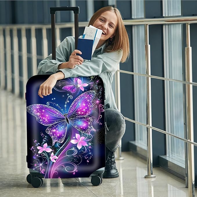 Suitcase Cover for Luggage 25-28 Inch, Washable Elastic Anti-Scratch Luggage Protector, Durable Zipper Baggage Cover with Handle Wrap, Travel Accessories for Suitcase,Sparkling Purple Butterfly