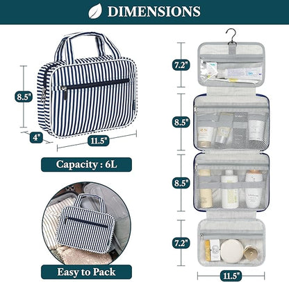 PAVILIA Hanging Toiletry Bag Travel Bag Women Men, Foldable Cosmetic Organizer, Roll up Makeup Bag, Water Resistant Accessories Toiletries, Large Travel Essentials Kit (Navy Stripe)
