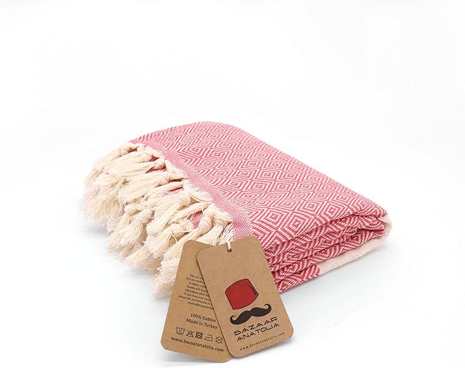 Bazaar Anatolia Turkish Beach Towel – 100% Cotton, Quick Dry, Sand Free Towel for Bathroom, Camping, Travel, Peach – Oversized 71x39 Inches – Diamond Coral