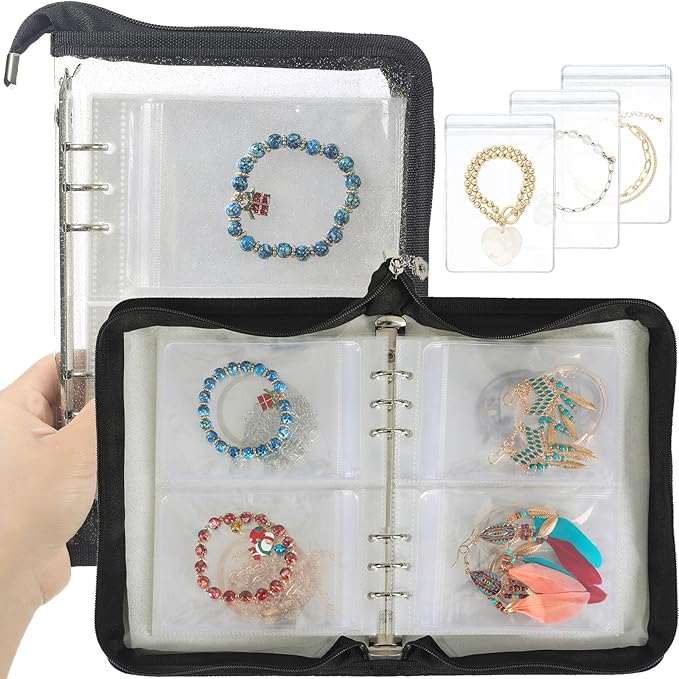 AOLEIXIYA Jewelry Organizer Book Clear Travel earring book organizer Transparent Jewelry Book with Zipper Pouch Bags (Black,With 48 PCS Large Jewelry Bags)