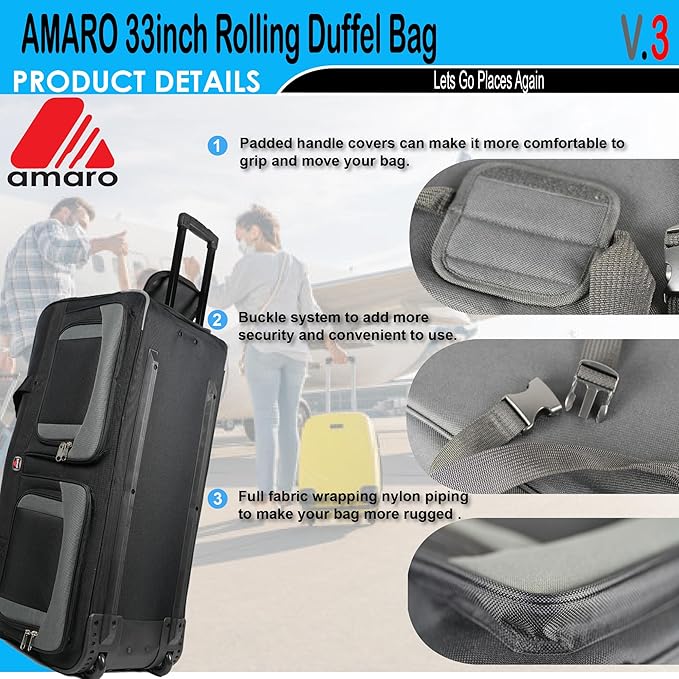 33" Rolling Duffle Bag with Wheels and Handle - Multiple Compartments/Compression Straps With Buckles Balck/Gray trim Large