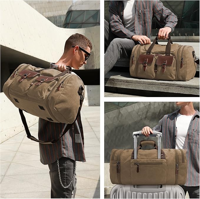 Wildroad 50L Travel Duffel Bag, Expandable Canvas Genuine Leather Duffle Bag Upgraded Overnight Weekender Carry on Bag