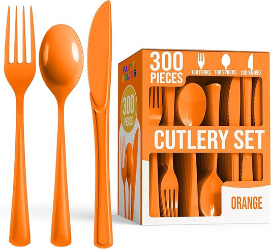 Orange Plastic Silverware Heavy Duty 300 Pieces Orange Disposable Silverware Heavy Duty, Utensil Sets, 100 Of Each Forks, Knives & Spoons Disposable Cutlery Set For Party Supplies