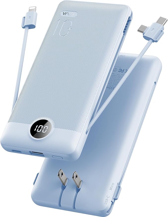 VRURC Portable Charger Built-in Cables and AC Wall Plug, USB C Power Bank 10000mAh, Travel Essentials Phone Charger Compact Lightweight External Battery Pack for Smart Phones, Tablets etc-Blue