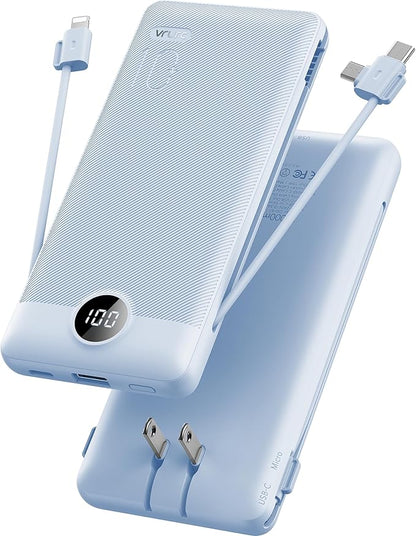 VRURC Portable Charger Built-in Cables and AC Wall Plug, USB C Power Bank 10000mAh, Travel Essentials Phone Charger Compact Lightweight External Battery Pack for Smart Phones, Tablets etc-Blue