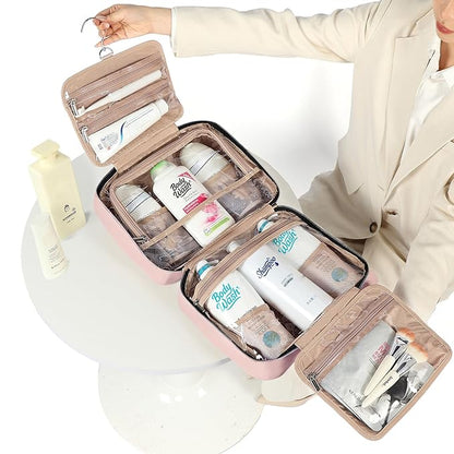 NISHEL Travel Toiletry Bag for women, Portable Hanging Organizer for Family-Sized Shampoo, Conditioner, Brushes Set, Makeup Accessories, Extra Large Size, Pink
