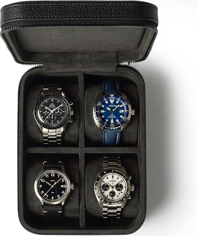 TAWBURY Watch Case - 4 Slot Genuine Top-Grain Leather Watch Box for Men & Women with Extra Wide Pillows for Large Watches - Portable Wristwatch Storage for Home & Travel (Black)