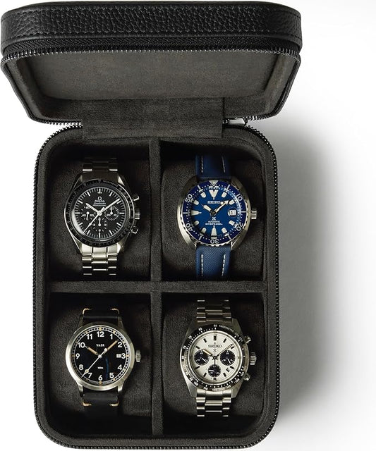 TAWBURY Watch Case - 4 Slot Genuine Top-Grain Leather Watch Box for Men & Women with Extra Wide Pillows for Large Watches - Portable Wristwatch Storage for Home & Travel (Black)