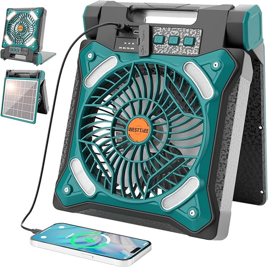 Solar Fan Battery Powered Rechargeable Solar Camping Fan with Led Lantern & Power Bank Foldable Angle USB Personal Fans for Travel Outdoor Camping Tents X98 Cyan