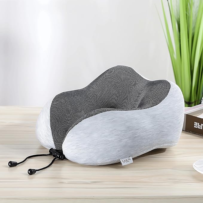 Travel Neck Pillow for Airplane – 100% Pure Memory Foam Neck Support Pillow with Breathable & Washable Cover, Fleight Kit with 3D Contoured Eye Mask, Earplugs & Carry Bag for Comfortable Sleep