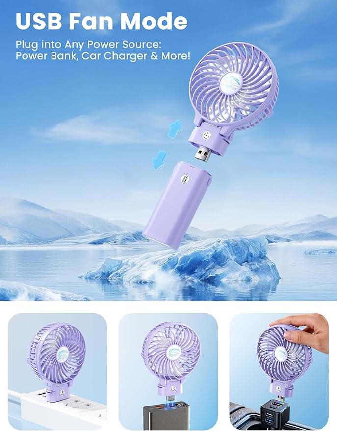 HandFan 5200mAh Handheld Fan Rechargeable, 20H Runtime Hand Fan, 3 Speeds Strong Airflow, Personal 180° Foldable Portable Fans for Travel/Summer/Concerts/Lash/Commute, Gifts for Women (Purple)