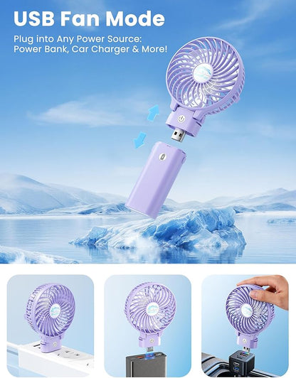 HandFan 5200mAh Handheld Fan Rechargeable, 20H Runtime Hand Fan, 3 Speeds Strong Airflow, Personal 180° Foldable Portable Fans for Travel/Summer/Concerts/Lash/Commute, Gifts for Women (Purple)