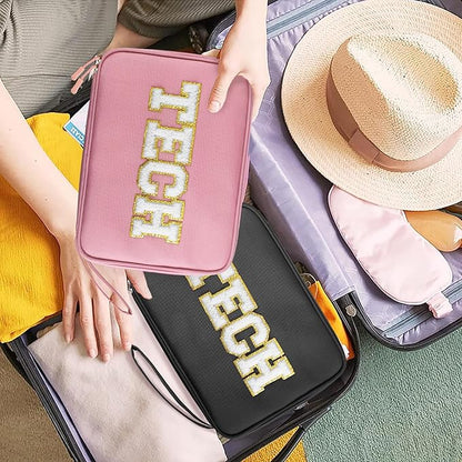 COSHAYSOO Electronics Bag Case Cable Cords Organizer Travel Essentials for Women College Teen Girls Vacation Dorm Accessories Preppy Personalized Gift (Large Pink)