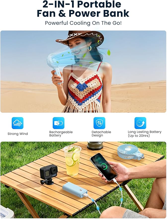 HandFan 5200mAh Handheld Fan Rechargeable, 20H Runtime Hand Fan, 3 Speeds Strong Airflow, Personal 180° Foldable Portable Fans for Travel/Summer/Concerts/Lash/Commute, Gifts for Women (Blue)