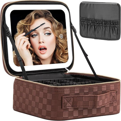 Makeup Travel Train Case with Mirror LED Light 3 Adjustable Brightness Large Cosmetic Bag Portable Storage Adjustable Partition Waterproof Makeup Brushes Make up Jewelry Gift for Women