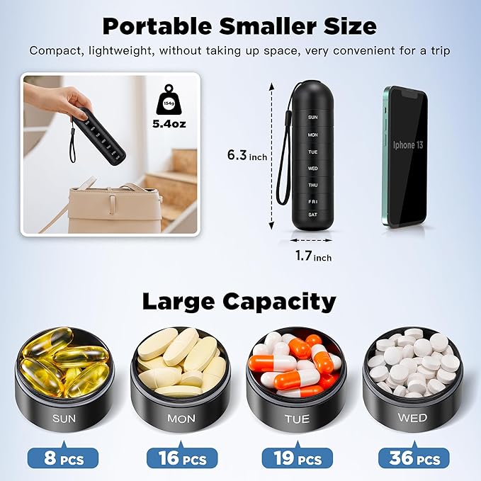 Zannaki Upgrade Large Metal Travel Pill Organizer, Waterproof Weekly Pill Box, Portable Aluminum Alloy Pill Case Container, BPA Free 7 Day Daily Medicine Organizer Holder for Vitamin,Pills,Supplement