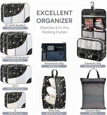 ALL INCLUDED 10 Set Durable Packing Cubes for Suitcases,OlarHike Essentials for Travel,UPGRADED Anti-Tear Stitching, NEW Improved Luggage Packing Organizers for Travel Accessories, Black Flower