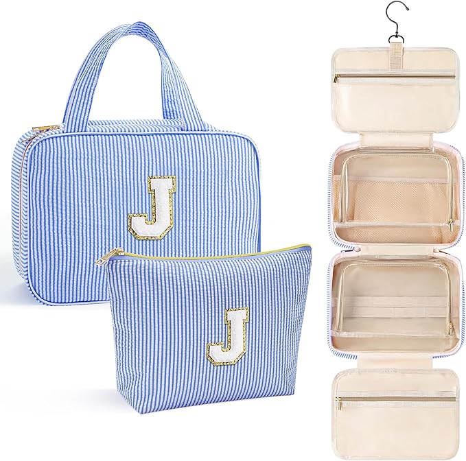 YOOLIFE Travel Toiletry Bag Makeup Bag - Hanging Toiletry Bag for Women, Portable Toiletries Travel Bag and Cosmetic Bag, Airplane Travel Essentials Travel Toiletry Bag - Letter J, Blue